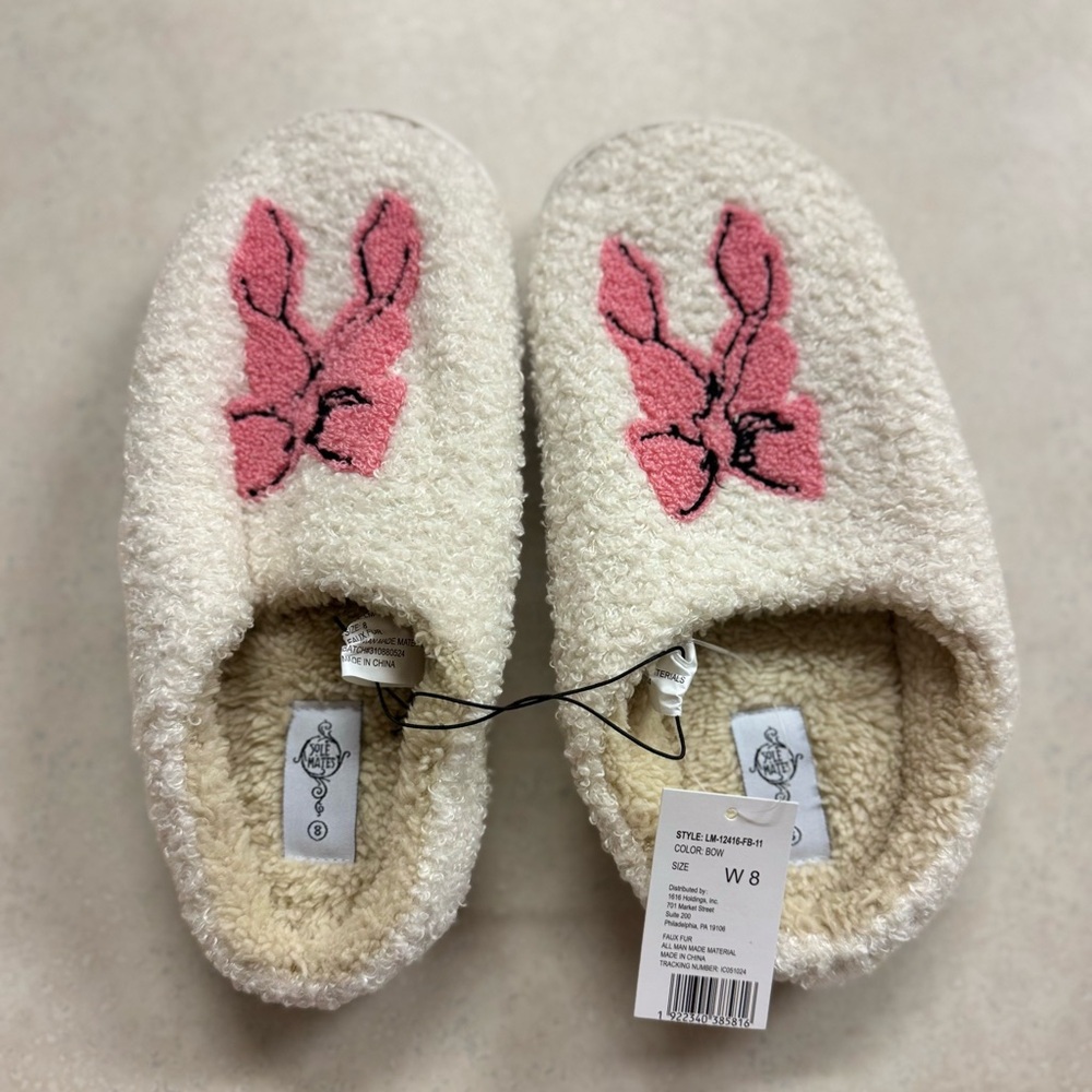 New With Tags Cream and Pink Fuzzy Bow Slippers - Picture 2 of 4